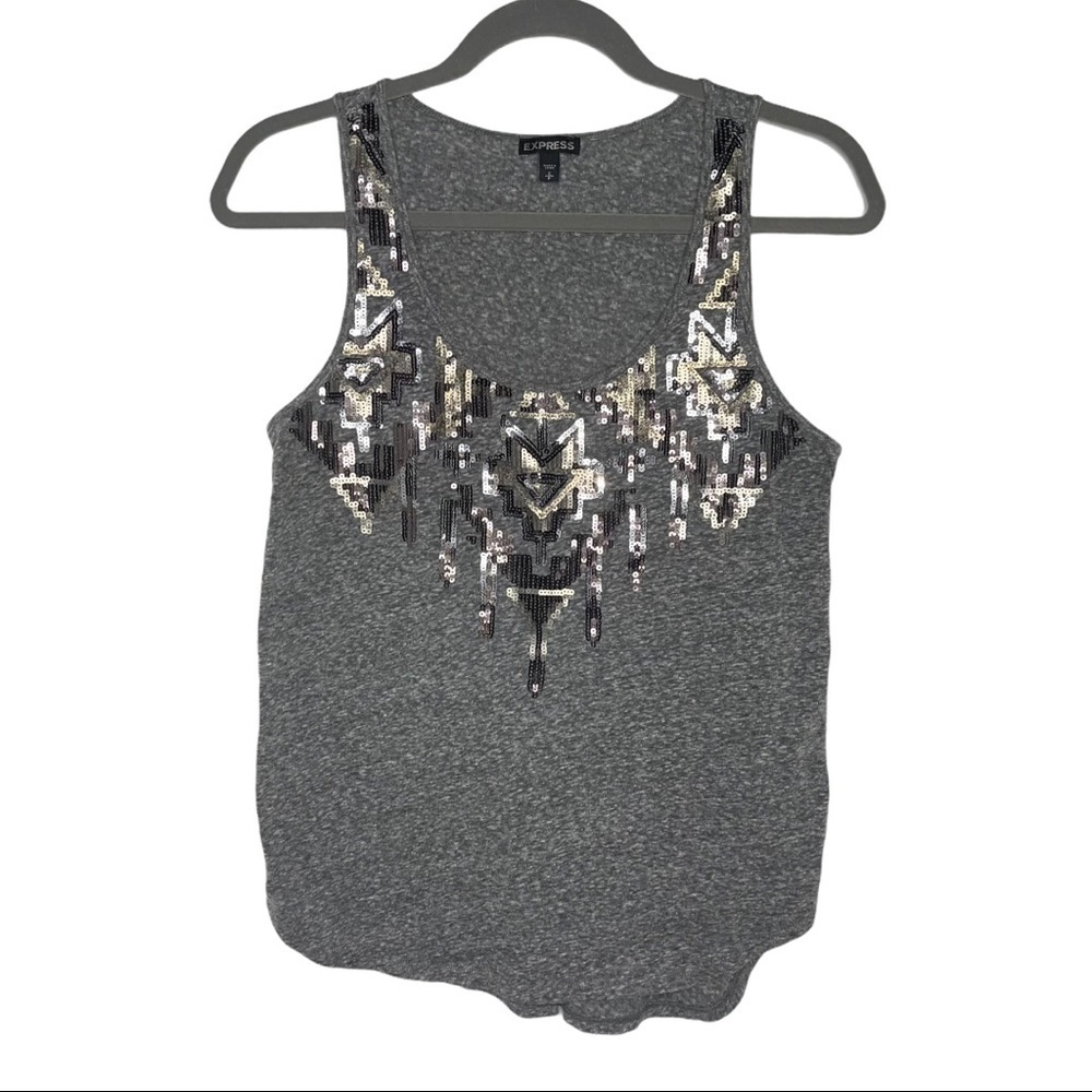 EXPRESS Gray Tank with Sequin Aztec Design S
